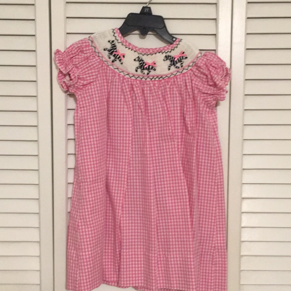 Smocked short sleeve pink gingham dress